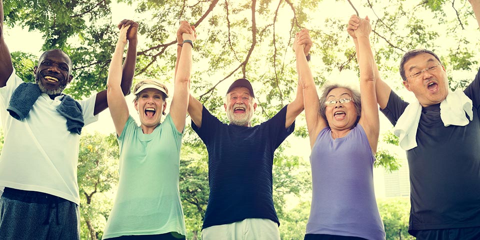 Senior healthy group of friends exercising and relaxing for mental health